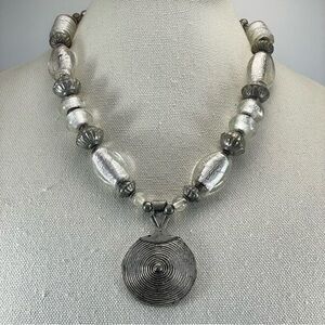Chunky Artison Glass Necklace Silver Dichroic Bead Silver Tone Brutalist Pendant